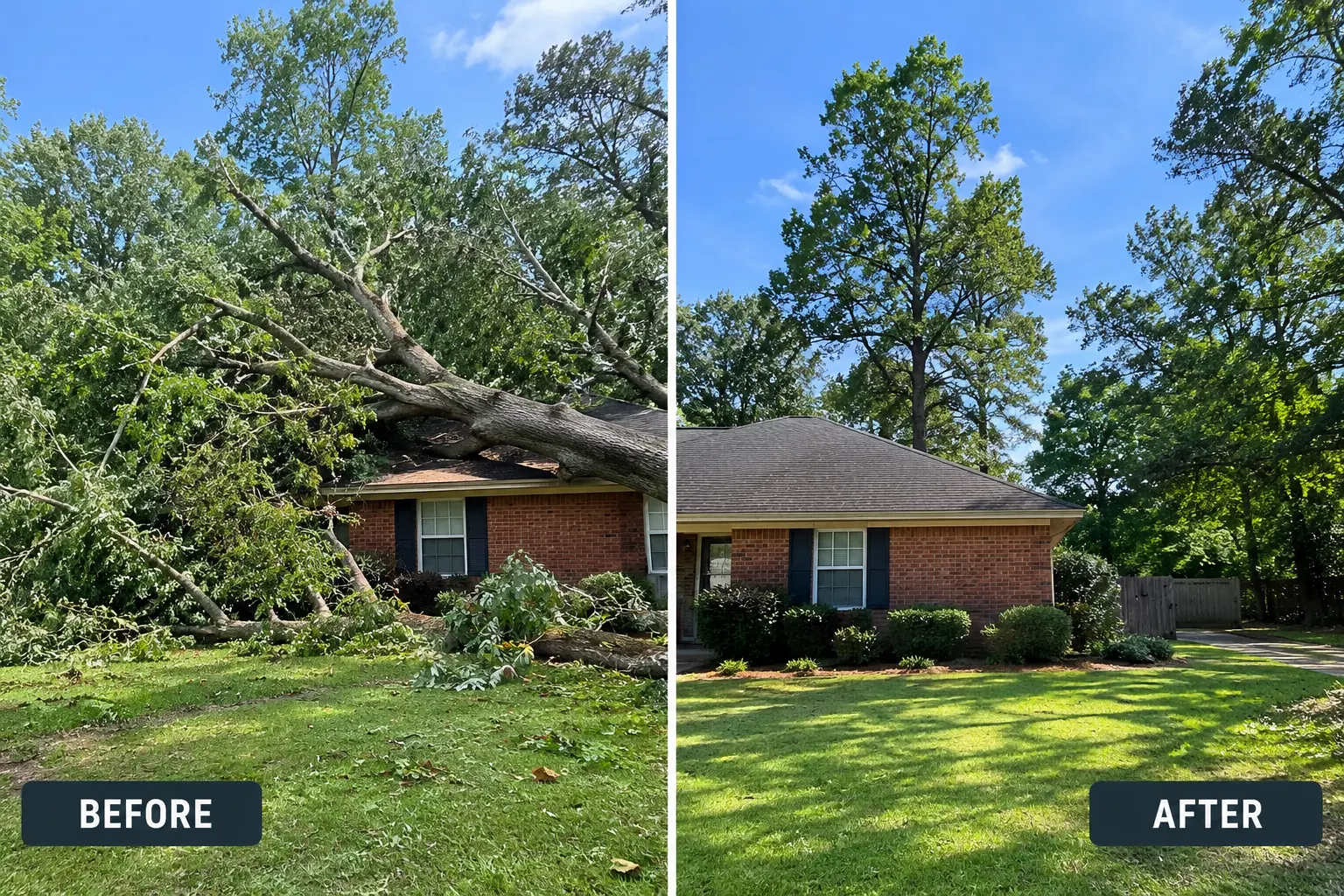 Before and after emergency tree removal project in Huntsville, Alabama